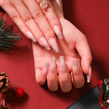 24pcs/Set Christmas Silver Glitter White Snowflake Medium Coffin Press On Nails