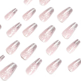 24pcs/Set Christmas Silver Glitter White Snowflake Medium Coffin Press On Nails