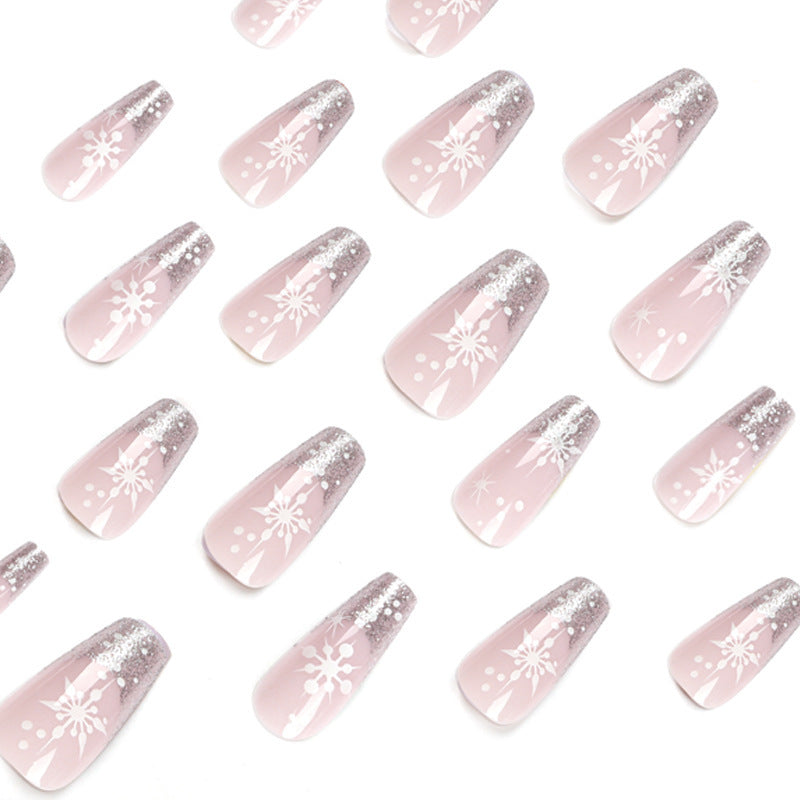 24pcs/Set Christmas Silver Glitter White Snowflake Medium Coffin Press On Nails
