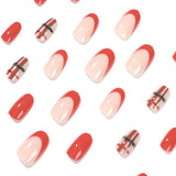 24pcs/Set Christmas Short Oval French Red-Green Plaid Press On Nails