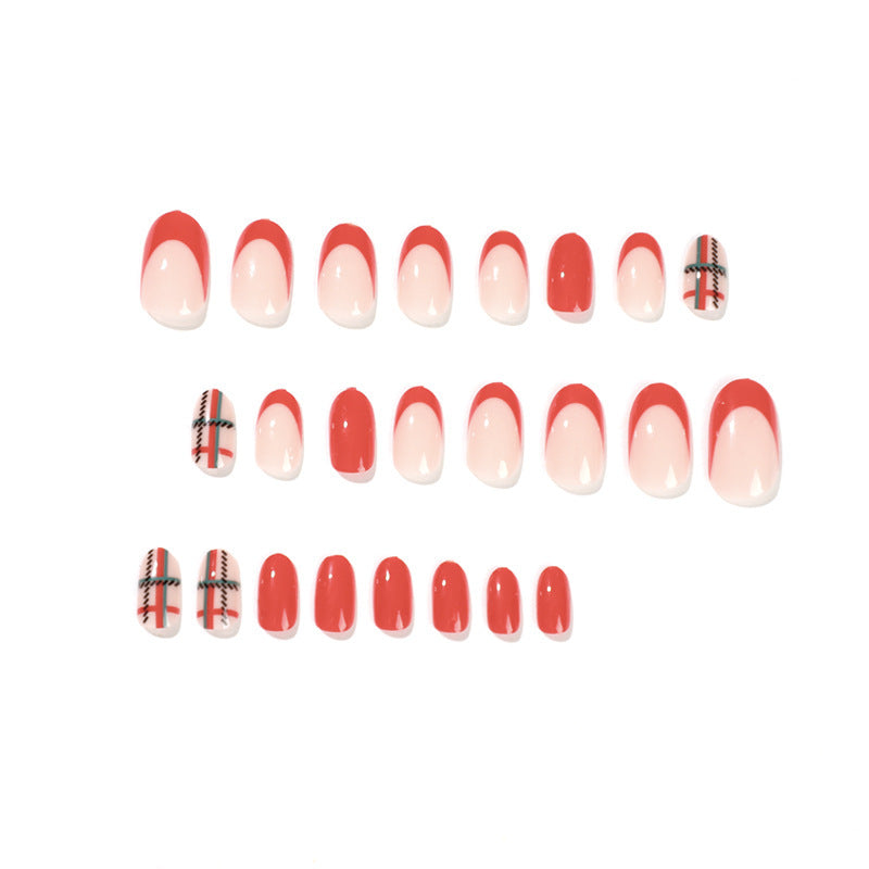 24pcs/Set Christmas Short Oval French Red-Green Plaid Press On Nails