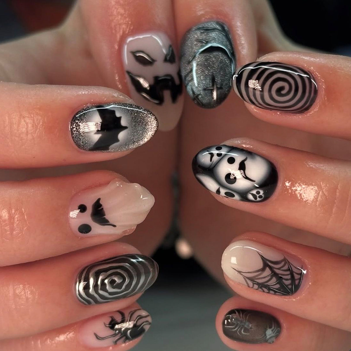 24pcs/Set 3D Halloween Cat Eye Short Oval Ghost Bat Spider Press On Nails