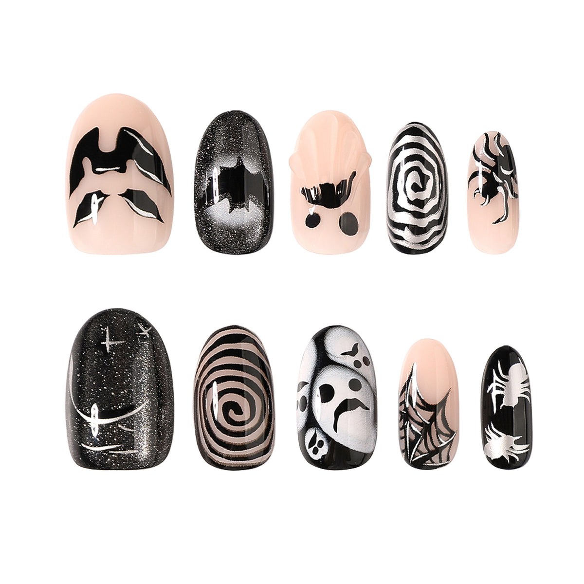 24pcs/Set 3D Halloween Cat Eye Short Oval Ghost Bat Spider Press On Nails