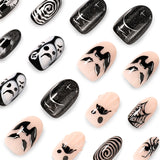 24pcs/Set 3D Halloween Cat Eye Short Oval Ghost Bat Spider Press On Nails