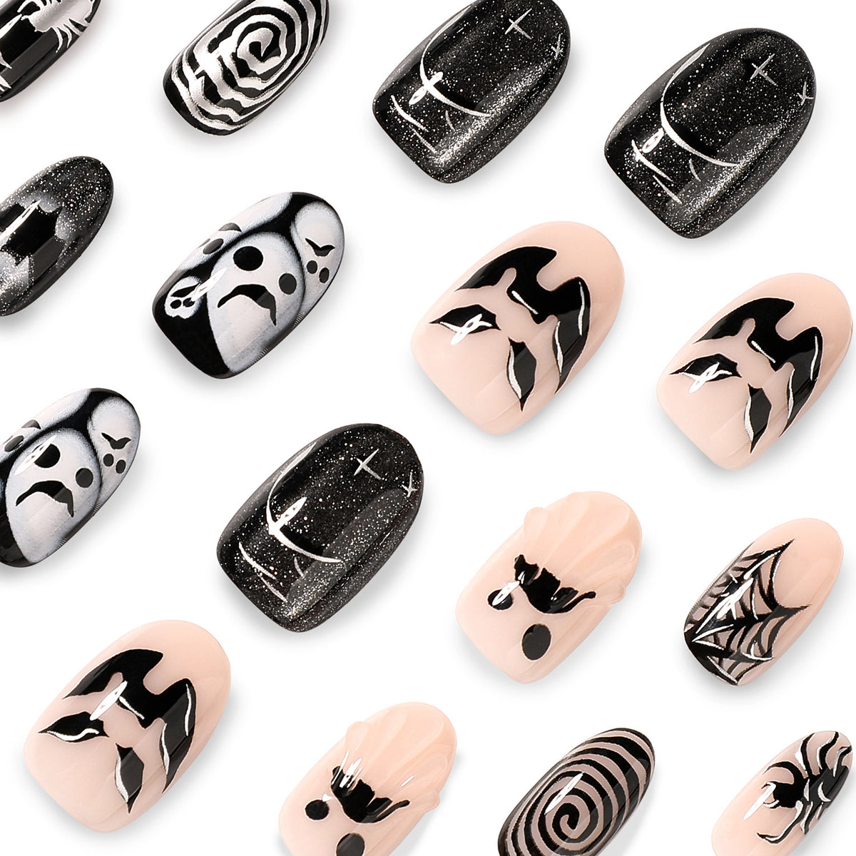 24pcs/Set 3D Halloween Cat Eye Short Oval Ghost Bat Spider Press On Nails