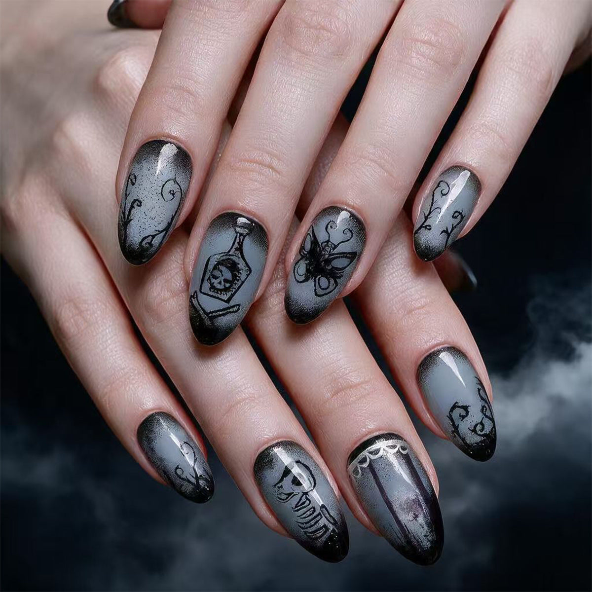 24pcs/Set Halloween Gray-Black Gradient Short Almond Press On Nails