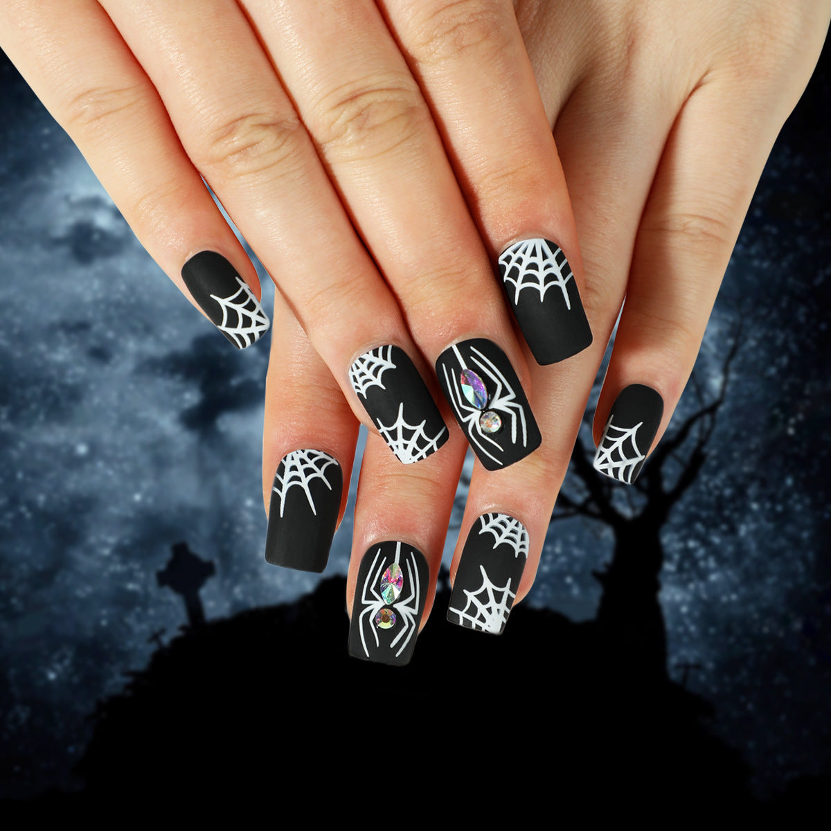 24pcs/Set Matte Short Square Halloween Spider Web Press On Nails