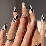 24pcs/Set Halloween Checkerboard Pumpkin Moon Medium Almond Press On Nails