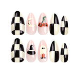 24pcs/Set Halloween Checkerboard Pumpkin Moon Medium Almond Press On Nails