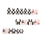 24pcs/Set Halloween Checkerboard Pumpkin Moon Medium Almond Press On Nails
