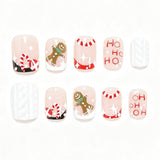 24pcs/Set Christmas Gingerbread Man Candy Cane French Short Square Press On Nails