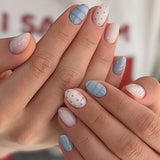 24pcs/Set Blue Striped Polka Dot Short Oval Press On Nails