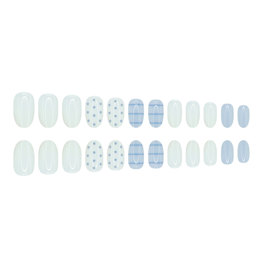 24pcs/Set Blue Striped Polka Dot Short Oval Press On Nails