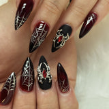 24pcs/Set Halloween Black-Red Gradient Spider Web Medium Almond Press On Nails