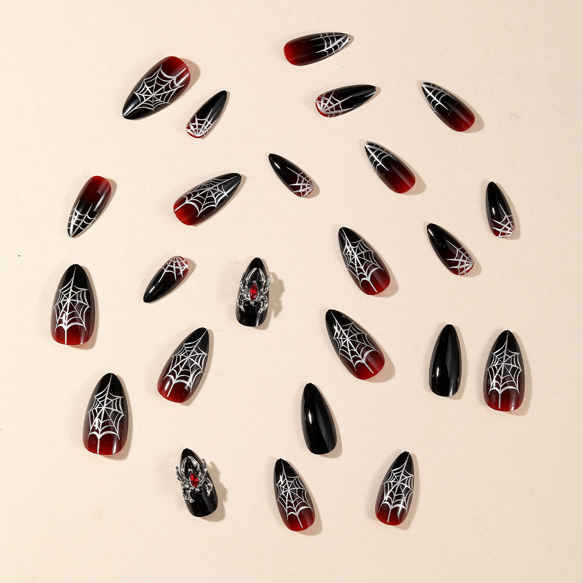 24pcs/Set Halloween Black-Red Gradient Spider Web Medium Almond Press On Nails