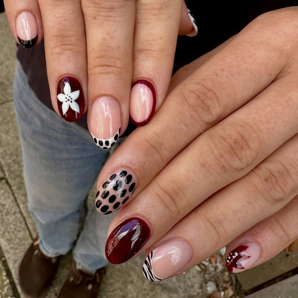 24pcs/Set Fall Winter Leopard Print French Floral Short Oval Press On Nails