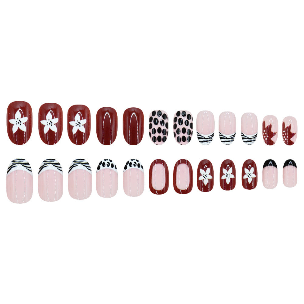 24pcs/Set Fall Winter Leopard Print French Floral Short Oval Press On Nails