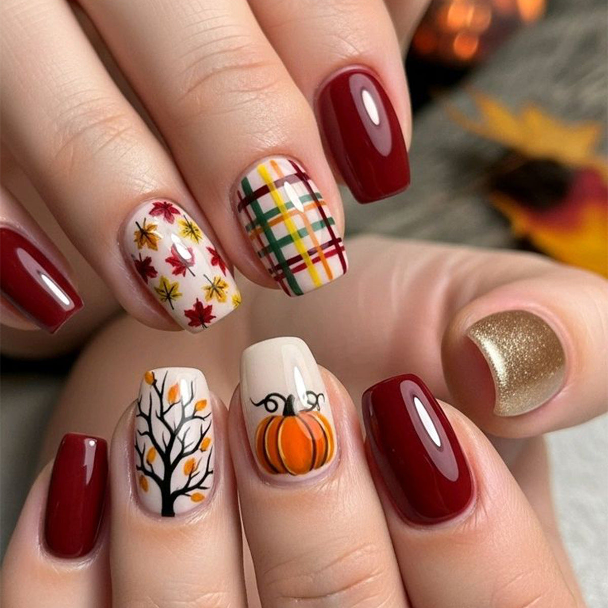 24pcs/Set Maple Leaf Pumpkin Plaid Short Square Press On Nails