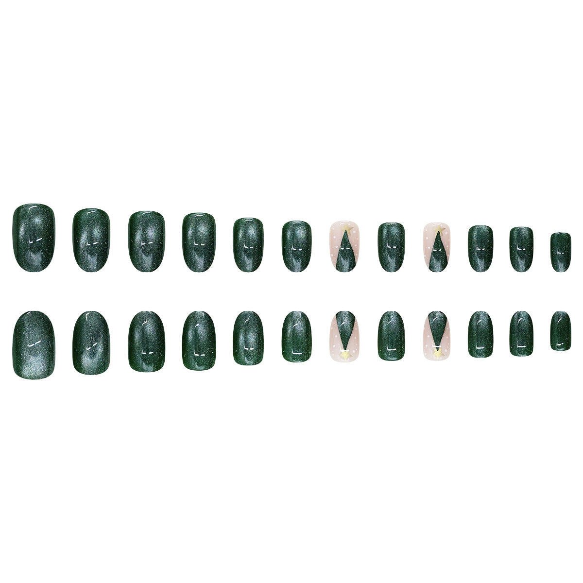 24pcs/Set Christmas Green Cat Eye Christmas Tree Short Oval Press On Nails