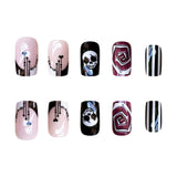 24pcs/Set Halloween Short Square French Skull Heart Press On Nails