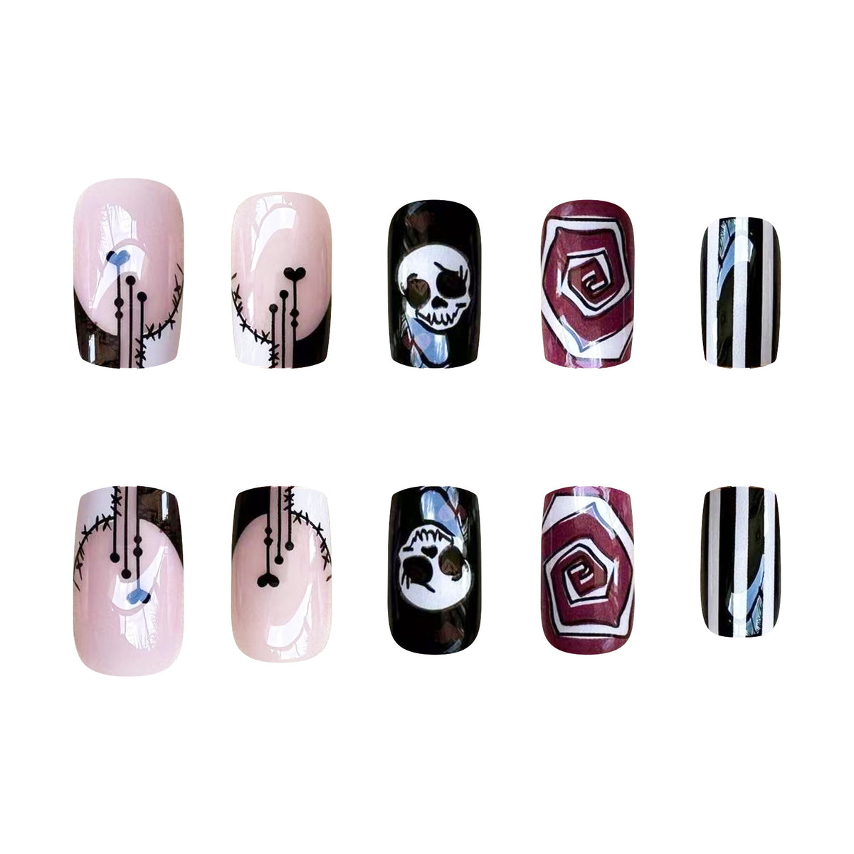 24pcs/Set Halloween Short Square French Skull Heart Press On Nails