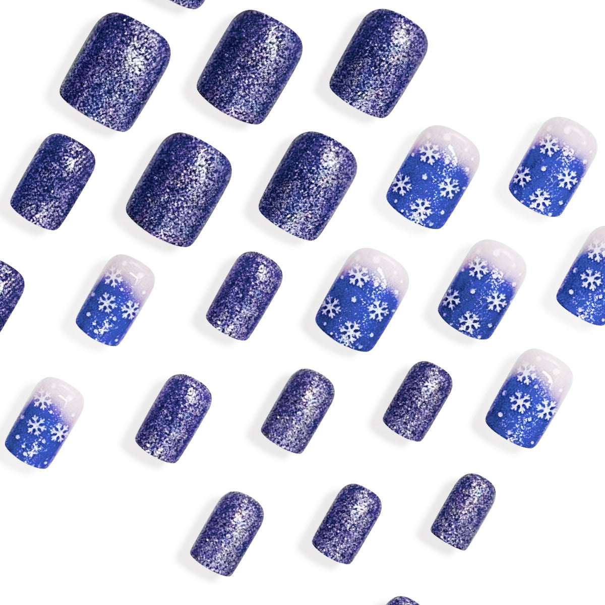 24pcs/Set Christmas Blue Gradient Snowflake Short Square Press On Nails