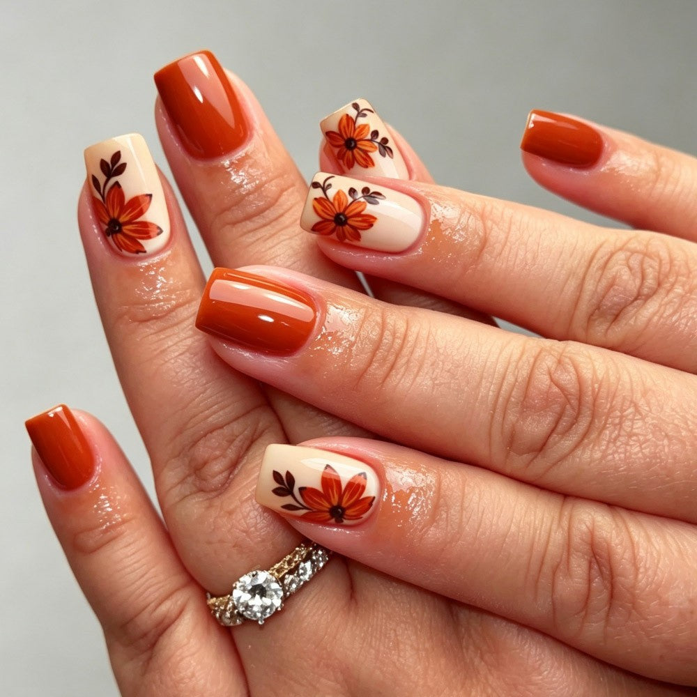 24pcs/Set Short Square Maple Leaf Floral Press On Nails