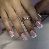 24pcs/Set Short Square White French 3D Floral Press On Nails