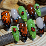 24pcs/Set 3D Ladybug Cat Eye Butterfly Medium Almond Press On Nails