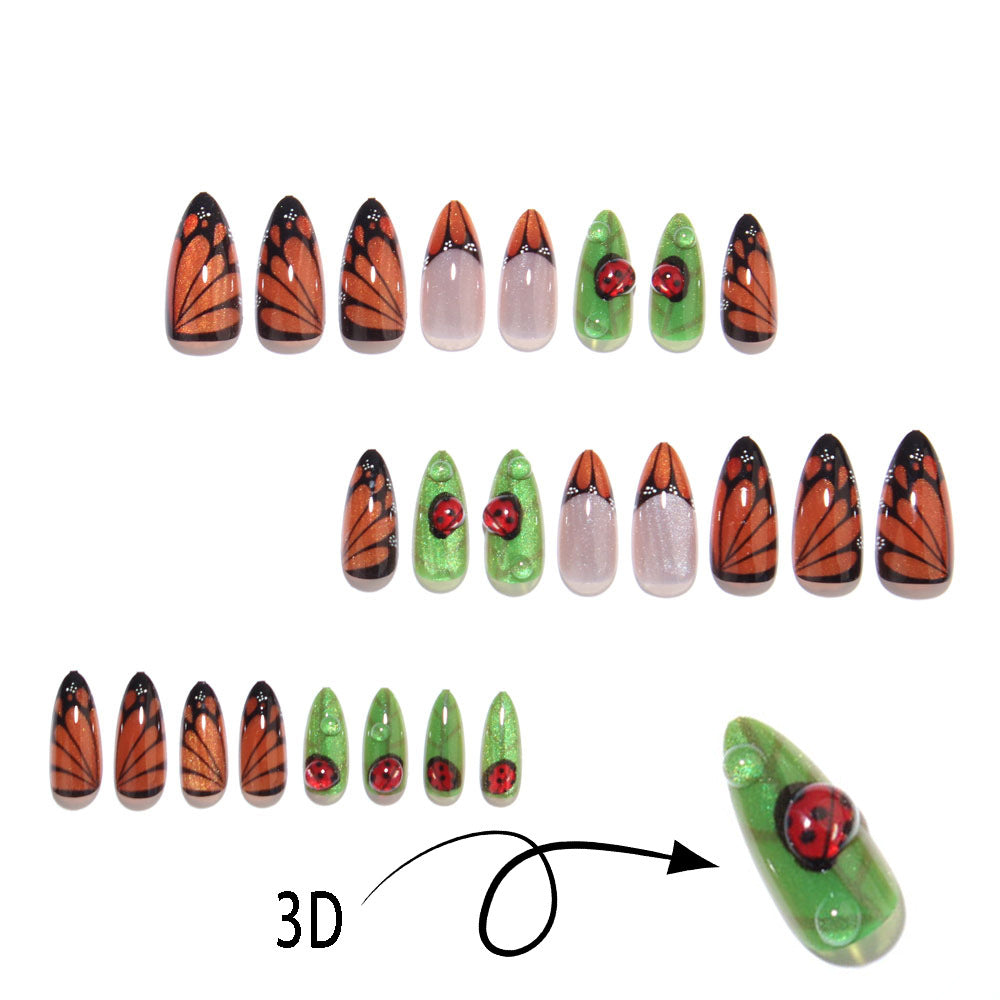 24pcs/Set 3D Ladybug Cat Eye Butterfly Medium Almond Press On Nails
