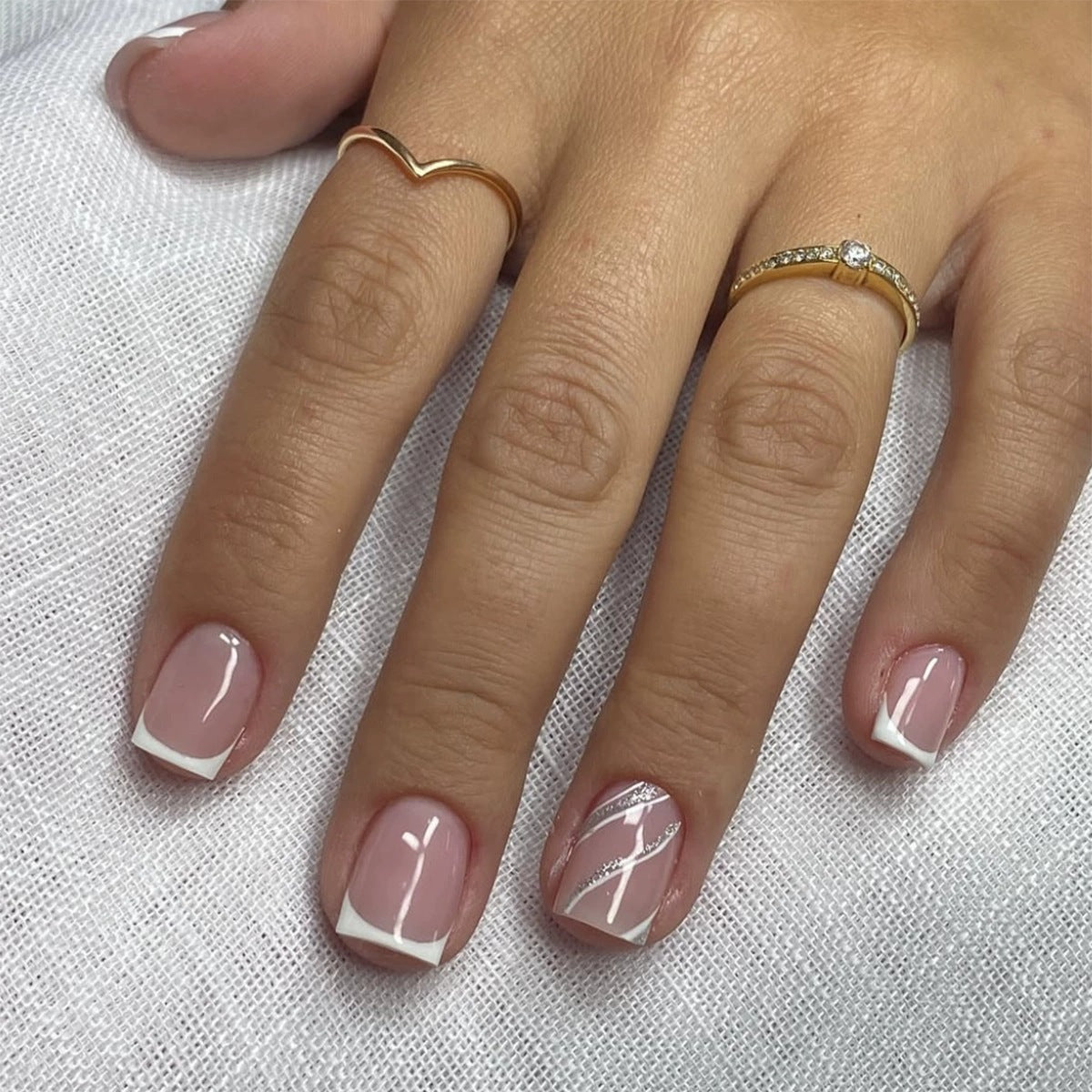 24pcs/Set Silver Line French White Tip Short Square Press On Nails