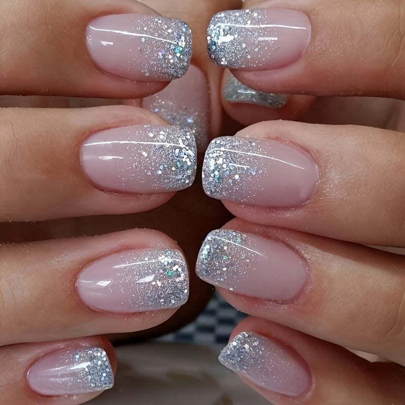 24pcs/Set Glitter French Short Square Press On Nails
