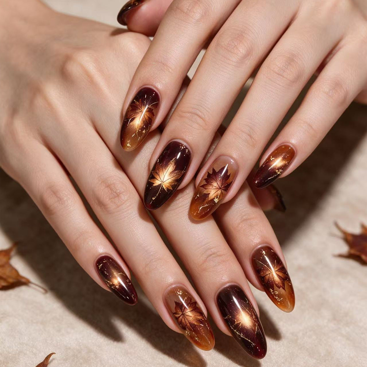 24pcs/Set Medium Almond Brown Gradient Cat Eye Maple Leaf Press On Nails