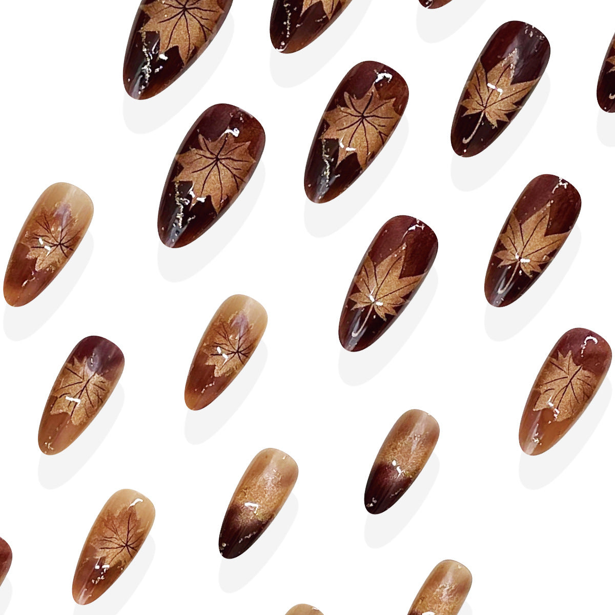 24pcs/Set Medium Almond Brown Gradient Cat Eye Maple Leaf Press On Nails