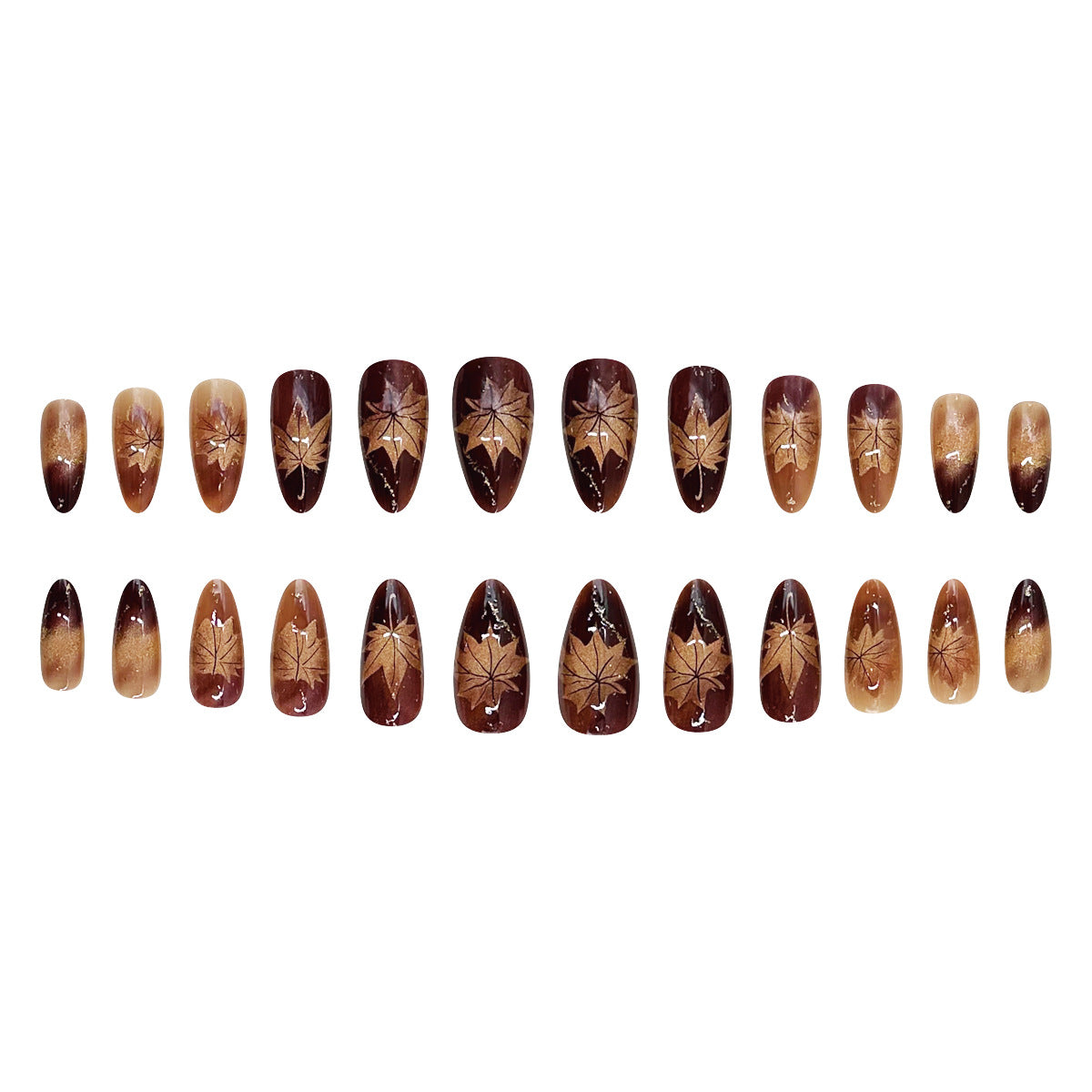 24pcs/Set Medium Almond Brown Gradient Cat Eye Maple Leaf Press On Nails