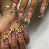 24pcs/Set Duckbill French Tip Gold Rhinestone Butterfly Press On Nails