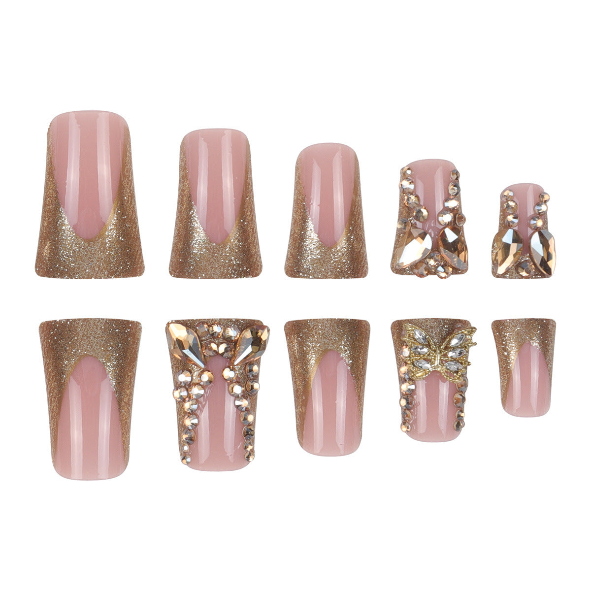 24pcs/Set Duckbill French Tip Gold Rhinestone Butterfly Press On Nails
