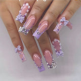 24pcs/Set Tube Flower French Bow Rhinestone Press On Nails