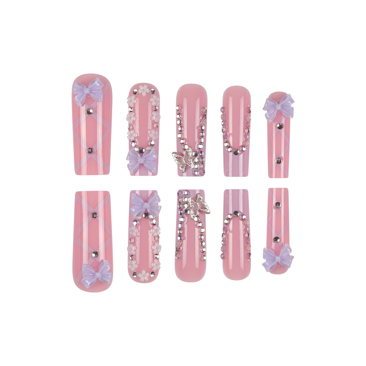 24pcs/Set Tube Flower French Bow Rhinestone Press On Nails