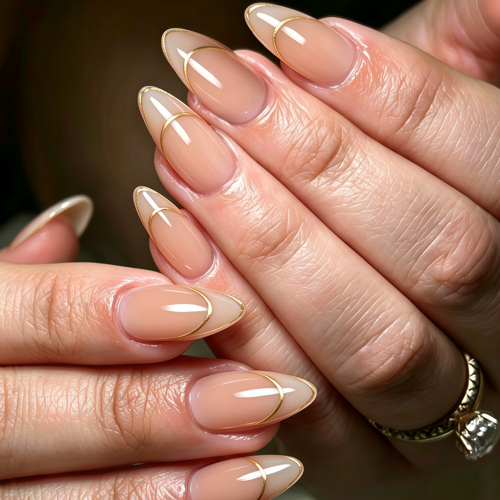 24pcs/Set Medium Almond French Gold Trim Press On Nails
