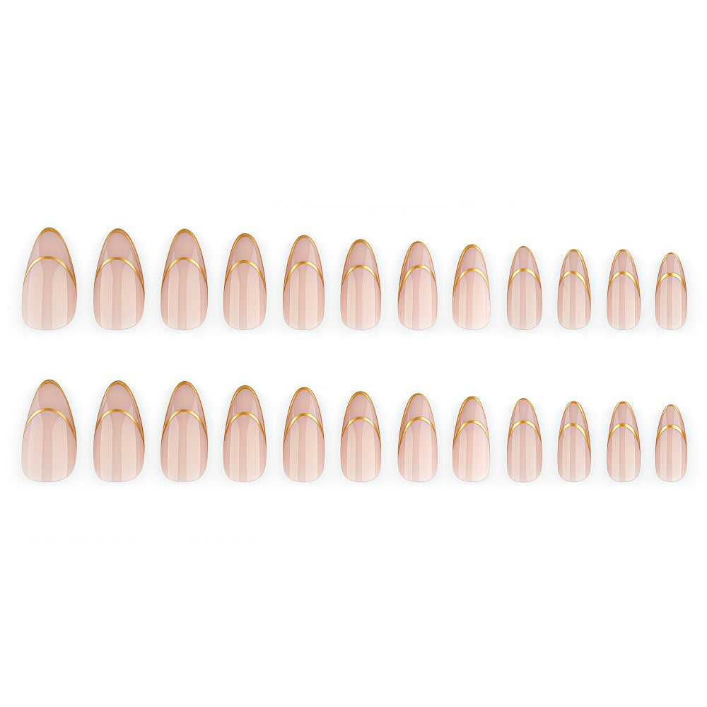 24pcs/Set Medium Almond French Gold Trim Press On Nails