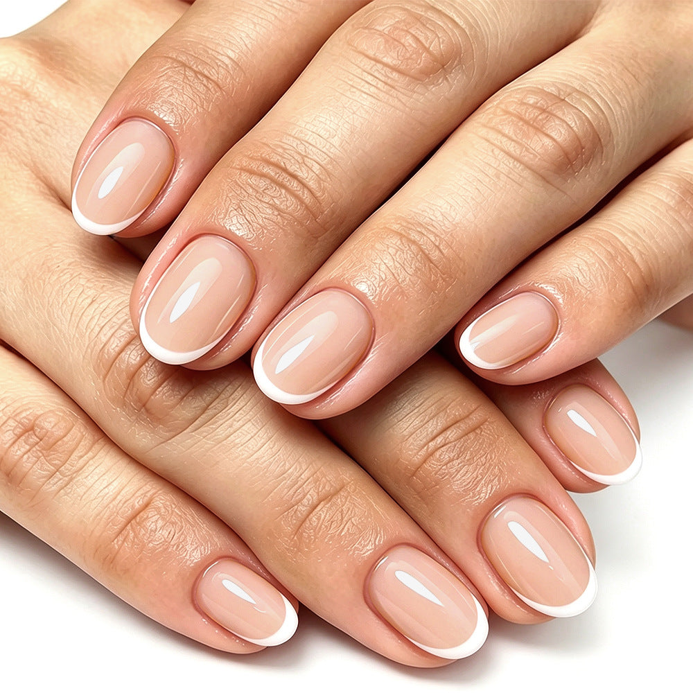 24pcs/Set Nude Pink Short Oval White French Press On Nails