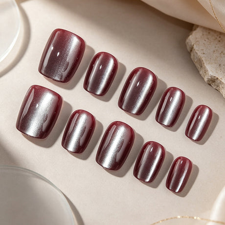 24pcs/Set Red-Brown Cat Eye Short Square Press On Nails