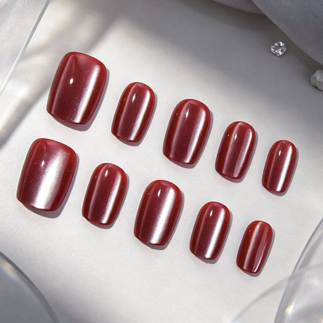 24pcs/Set Burgundy Cat Eye Short Square Press On Nails