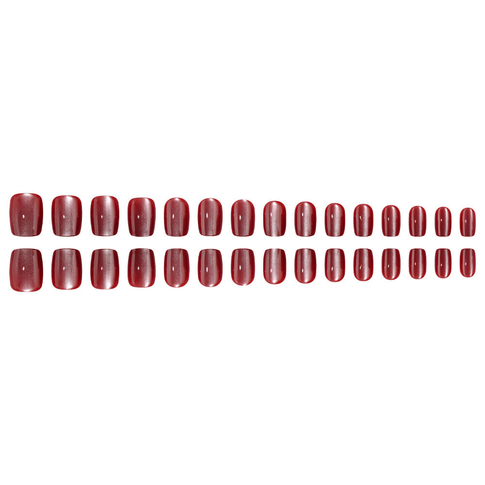 24pcs/Set Burgundy Cat Eye Short Square Press On Nails