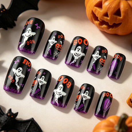 24pcs/Set Halloween Black-Purple Gradient Medium Square Press On Nails