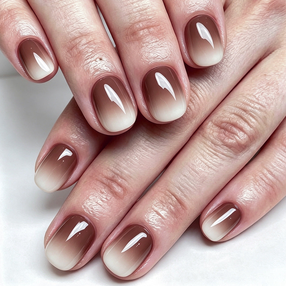 24pcs/Set Coffee White Gradient Short Squoval Press On Nails