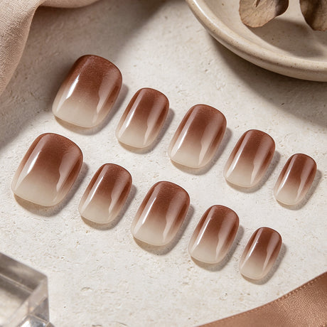 24pcs/Set Coffee White Gradient Short Squoval Press On Nails