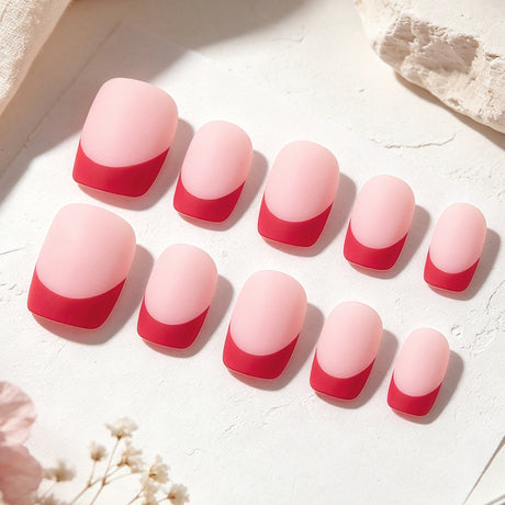 24pcs/Set Short Square Bright Red French Tip Press On Nails