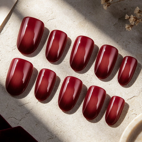 24pcs/Set Burgundy Ombre Gradient Short Squoval Press On Nails